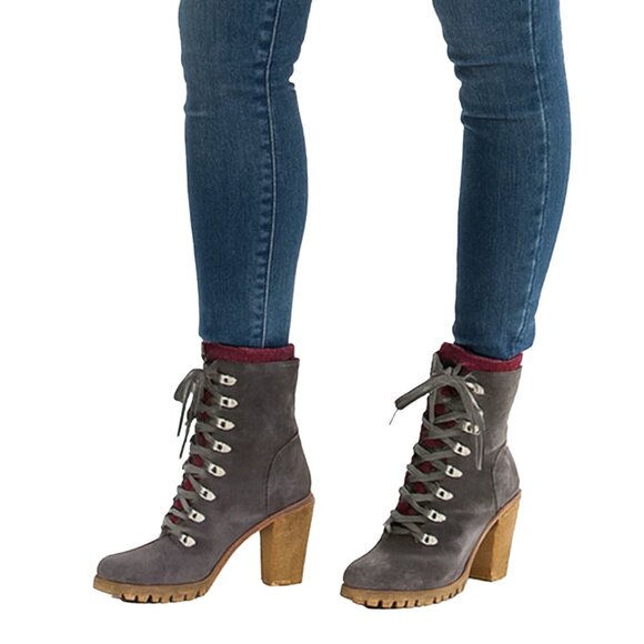 UGG Fabrice Gray Suede Heeled Lace-Up Combat Boots Size 5 Burgundy Lined - Picture 1 of 9